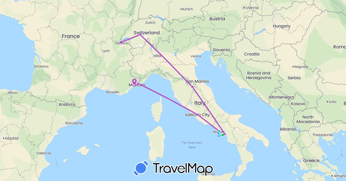 TravelMap itinerary: driving, bus, train, boat in Switzerland, France, Italy (Europe)